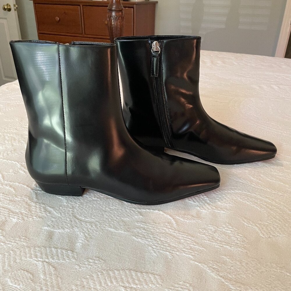 Jcrew square toe ankle boots, spazzolato leather, black, sz 7, NWOBox